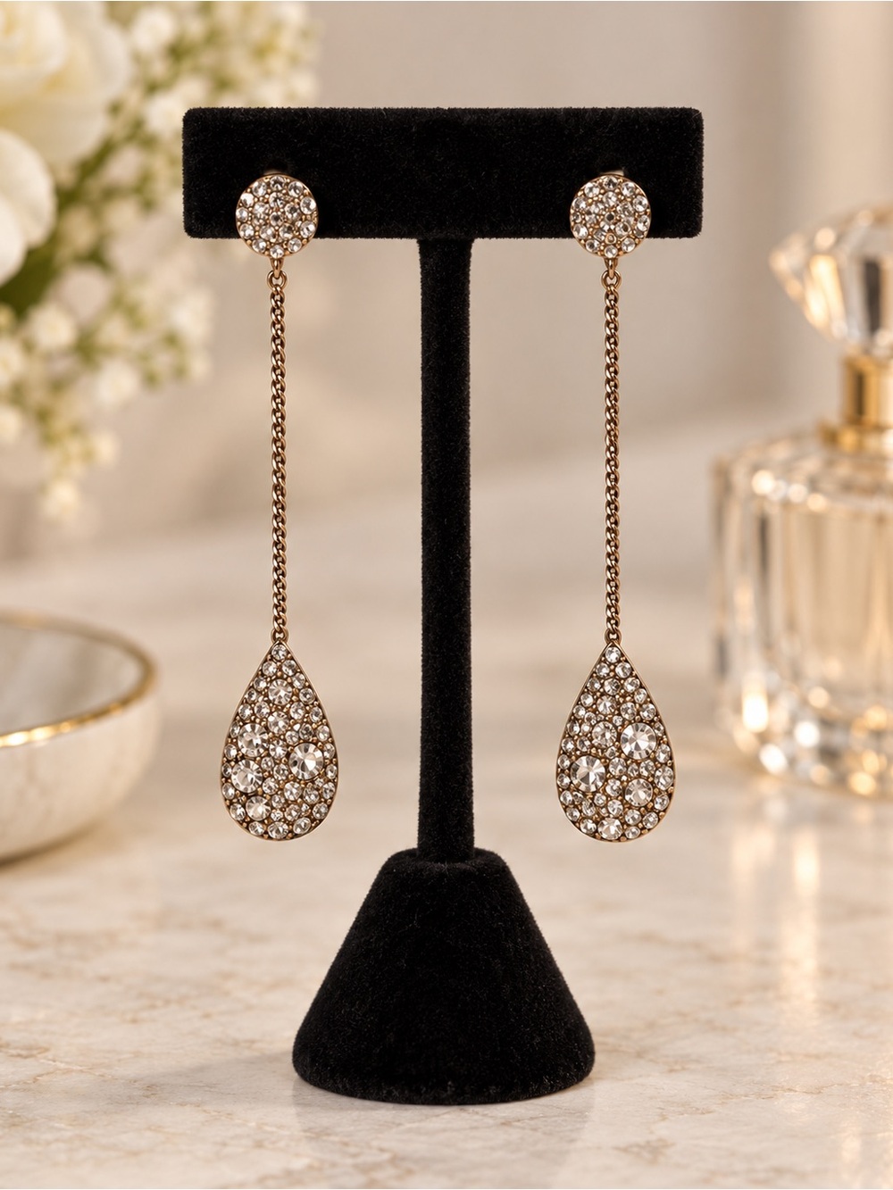 Givenchy Gold Crystal Teardrop Chain Earrings